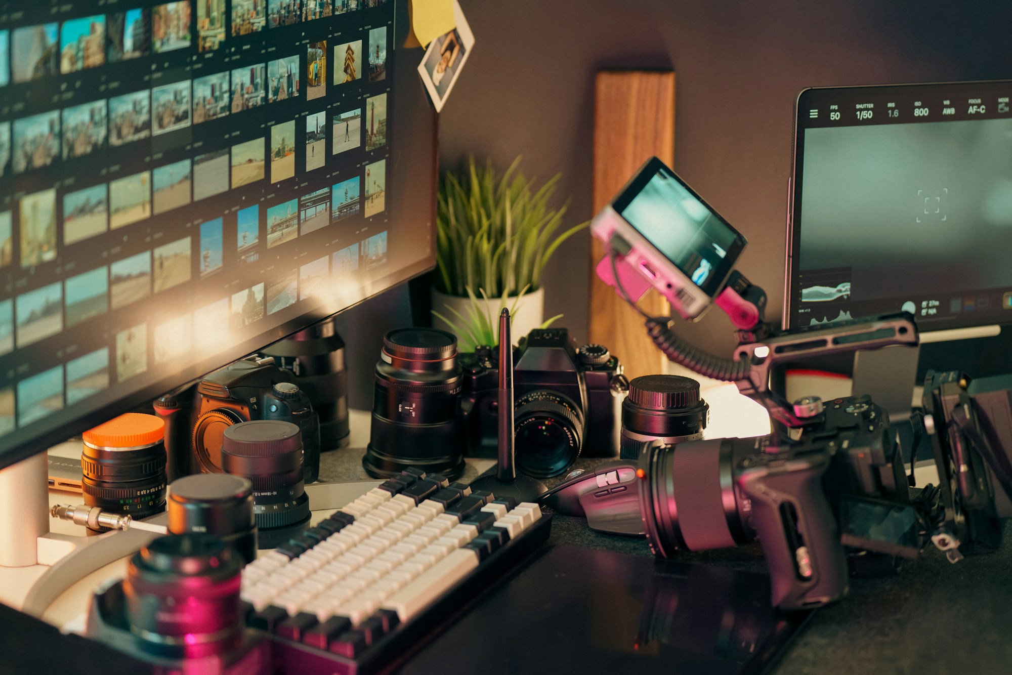 Professional cameras and editing screens in a creative studio